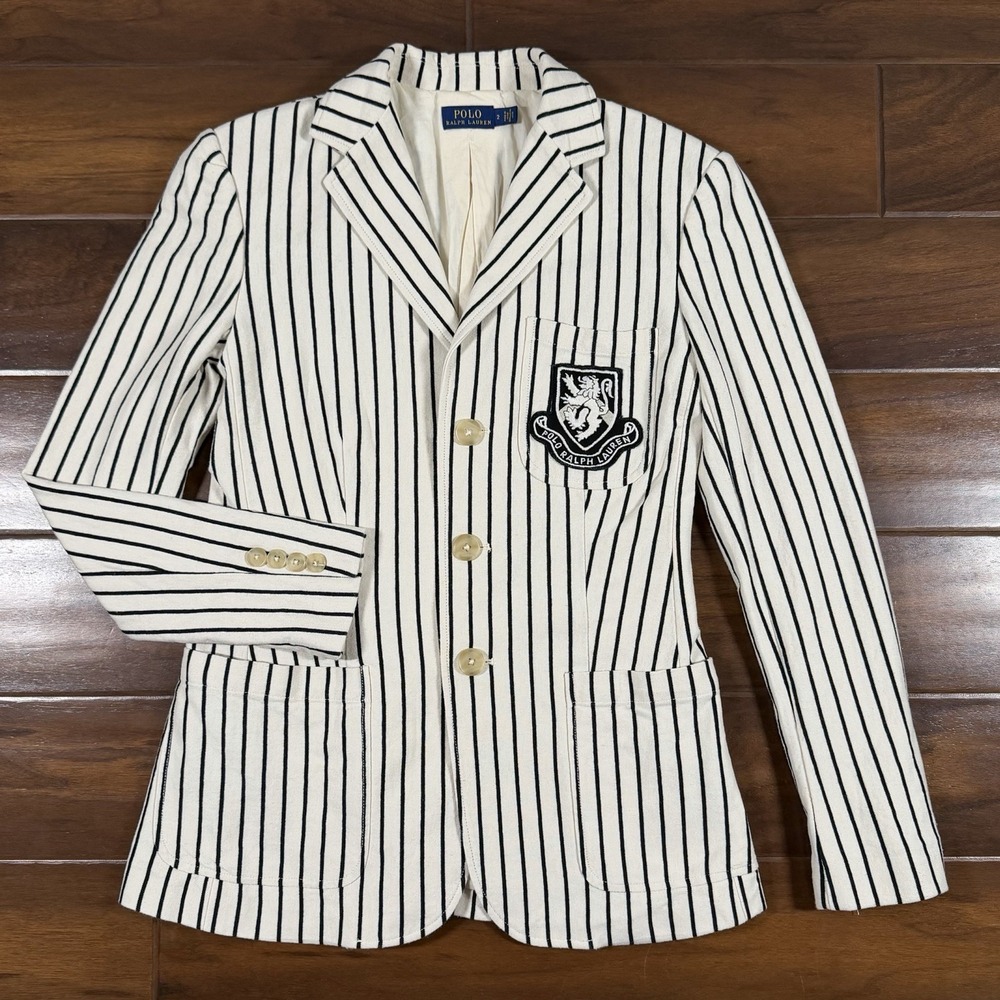 Polo Ralph Lauren Women's Size 2 Cream Black Striped Crest Patch Blazer Jacket